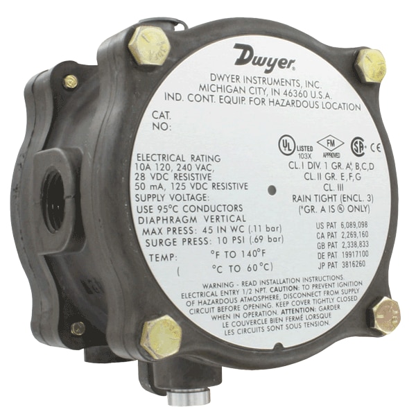Pressure Switch, Standard, SPDT, 1/8" FNPT, 0.15 to 0.50 in  H2O Range